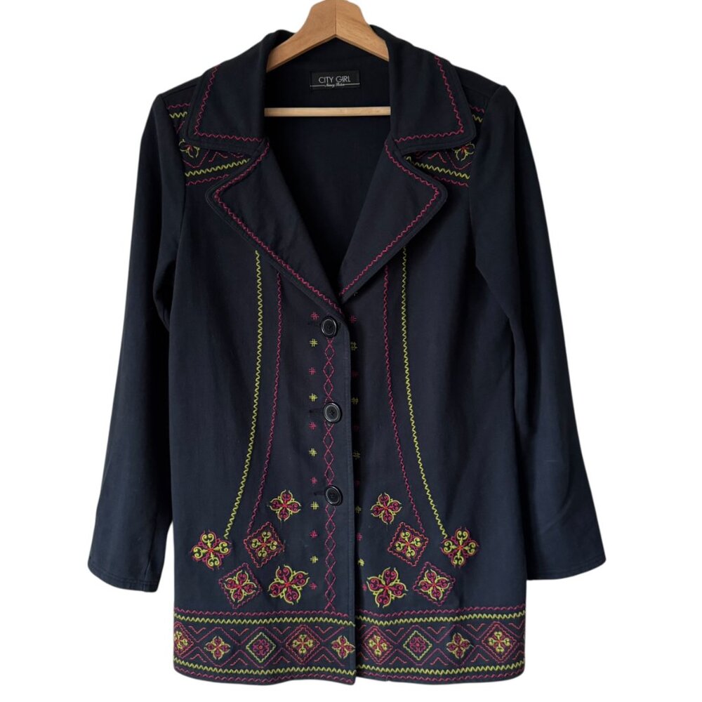 Vtg City Girl Nancy Bolen Jacket Coat Embroidery Mid Length Lightweight Collared